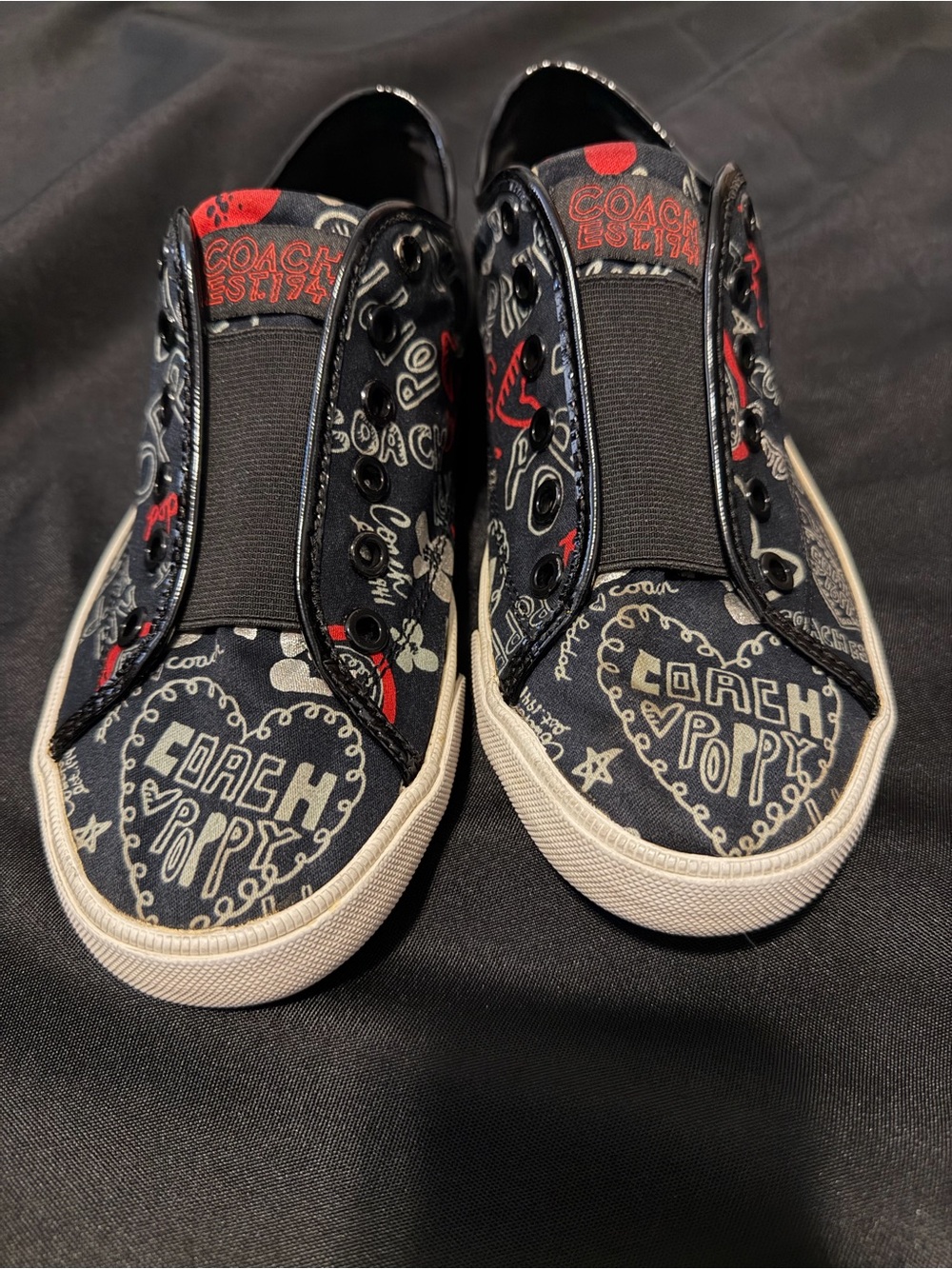 Coach Slip-On Sneakers in Black with Red and White Poppy Print